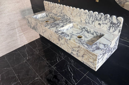 Custom Calacatta Viola Double Basin Vanity, Wall Mounted Sink with Scalloped Backsplash