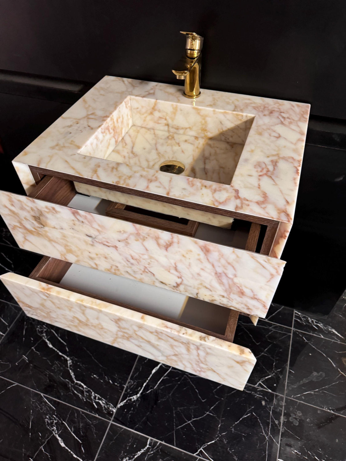 Sugar Marble Vanity with Pink Veins, Single Sink and Soft Close Drawers