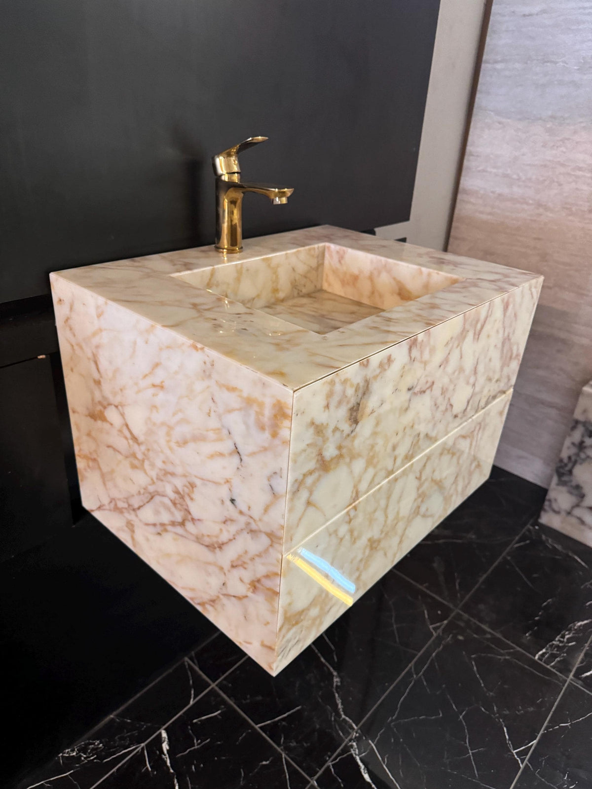 Sugar Marble Vanity with Pink Veins, Single Sink and Soft Close Drawers