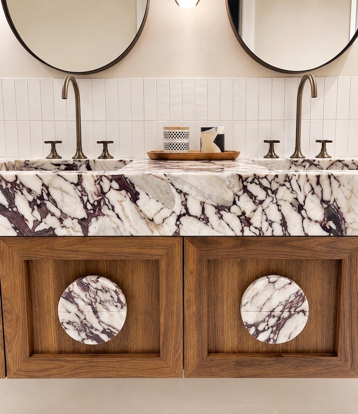 Calacatta Viola Marble Vanity, Double Sink Floating Bathroom Cabinet with Round Marble Knobs