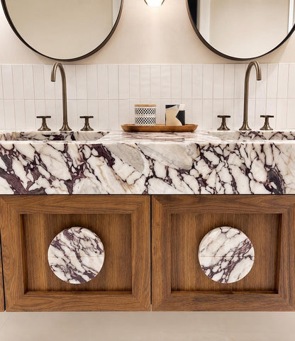 Calacatta Viola Marble Vanity, Double Sink Floating Bathroom Cabinet with Round Marble Knobs
