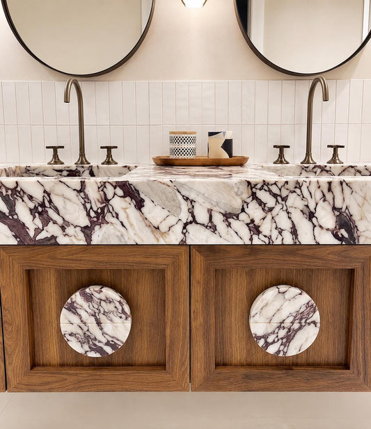 Calacatta Viola Marble Vanity, Double Sink Floating Bathroom Cabinet with Round Marble Knobs