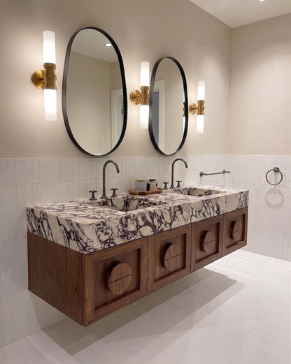 Calacatta Viola Marble Vanity, Double Sink Floating Bathroom Cabinet with Round Marble Knobs