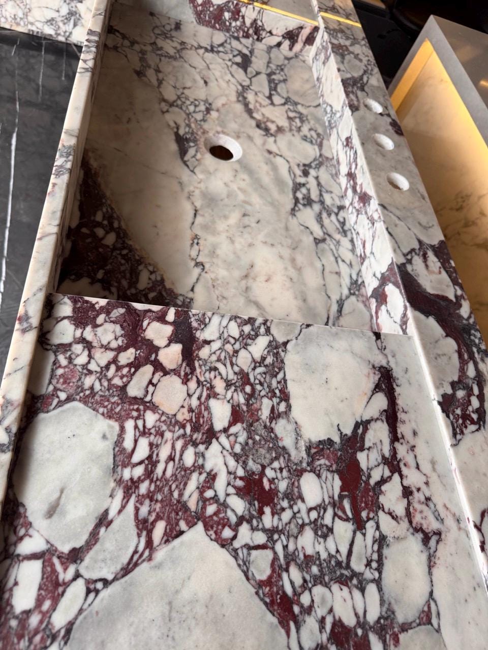 Calacatta Viola Marble Vanity, Double Sink Floating Bathroom Cabinet with Round Marble Knobs