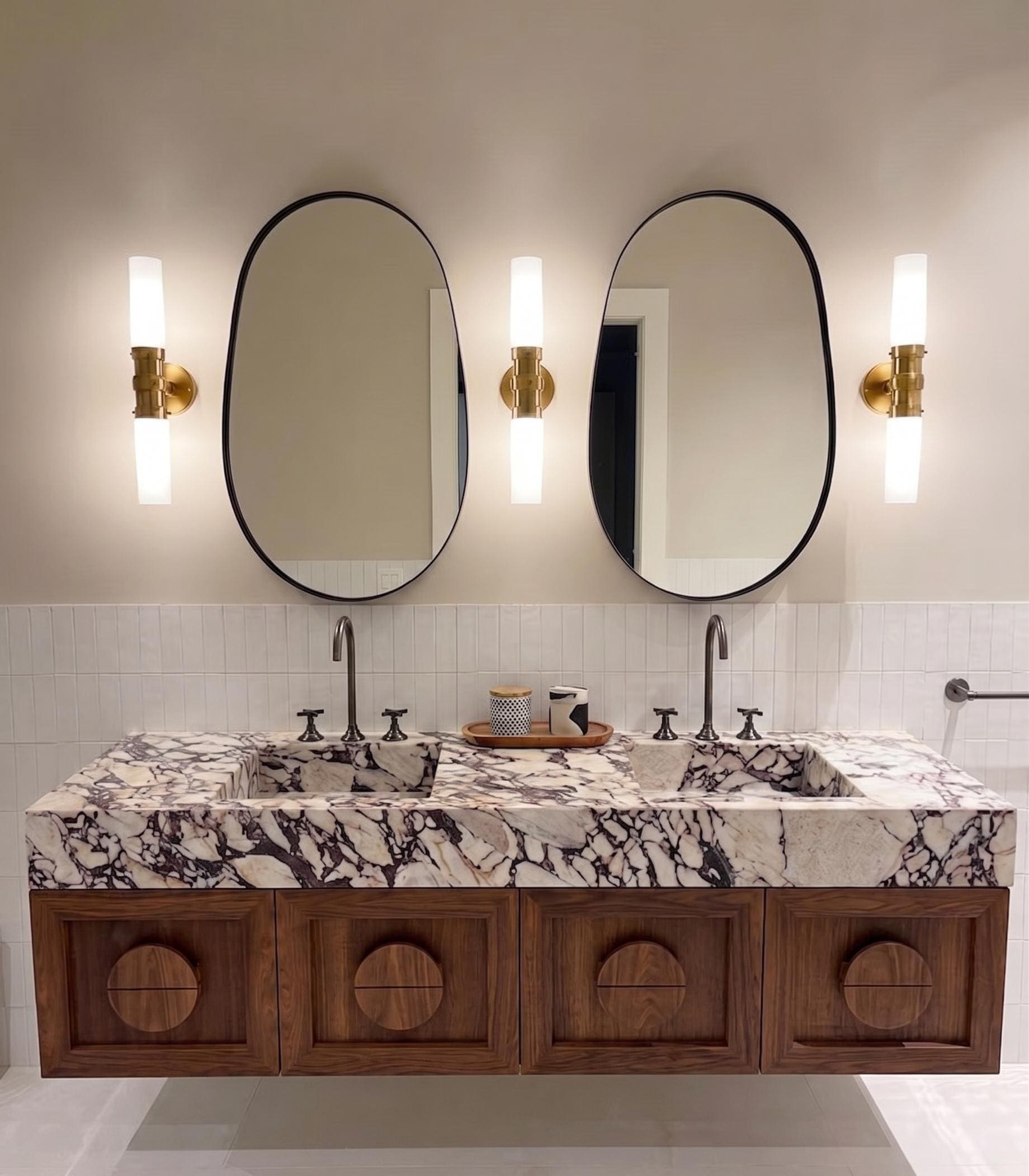 Calacatta Viola Marble Vanity, Double Sink Floating Bathroom Cabinet with Round Marble Knobs