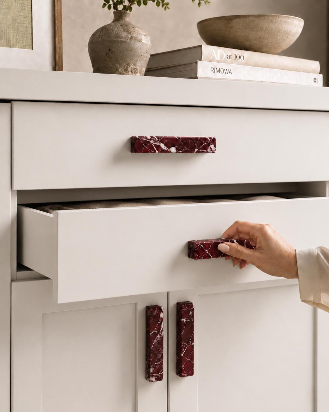 Rosso Levanto Marble U Shape Cabinet Handles, Burgundy Drawer Pulls