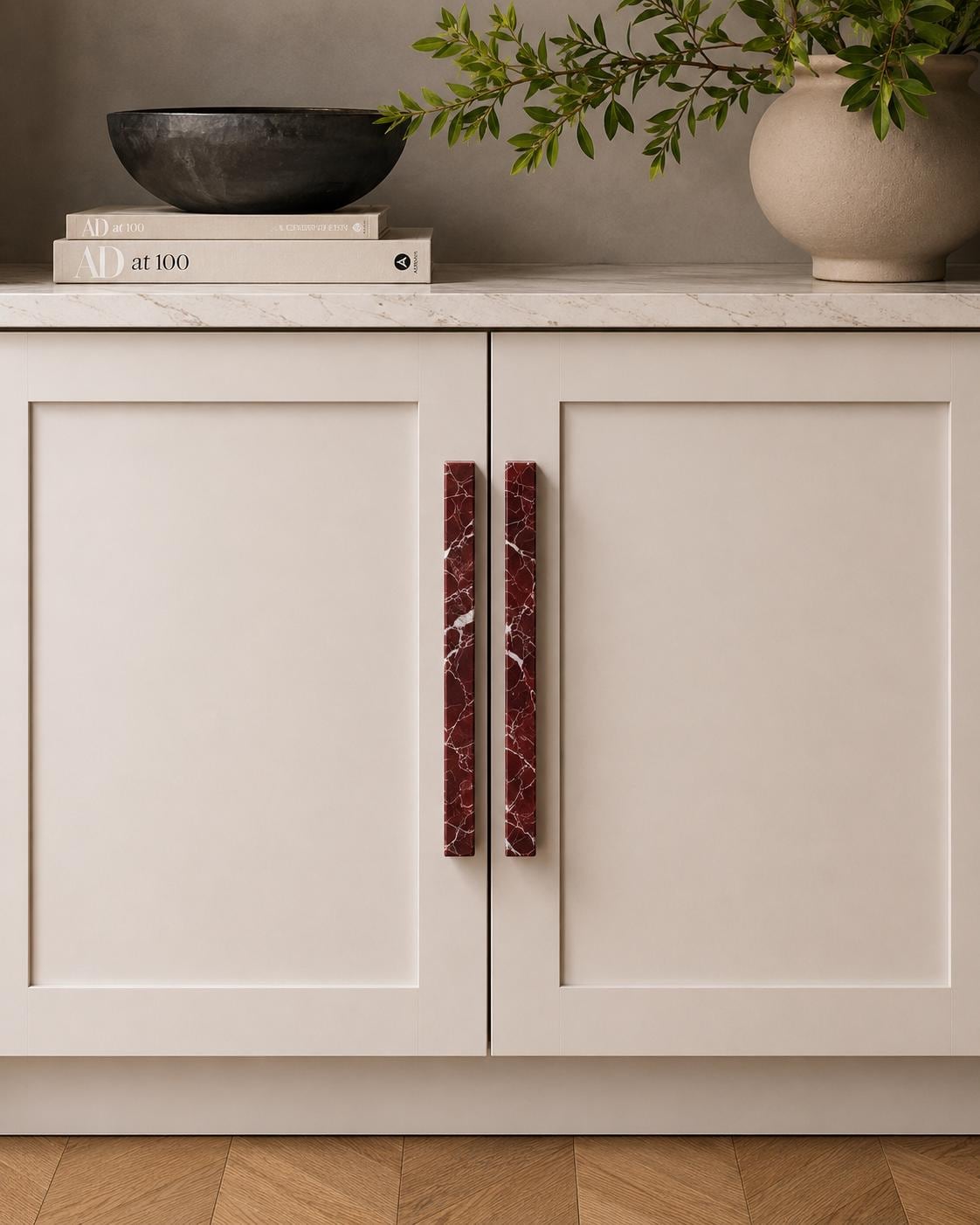 Long Rosso Levanto Marble Cabinet Pulls — Genuine Stone Bar Handles for Kitchen & Bathroom
