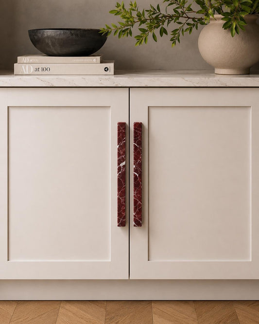 Long Rosso Levanto Marble Cabinet Pulls — Genuine Stone Bar Handles for Kitchen & Bathroom