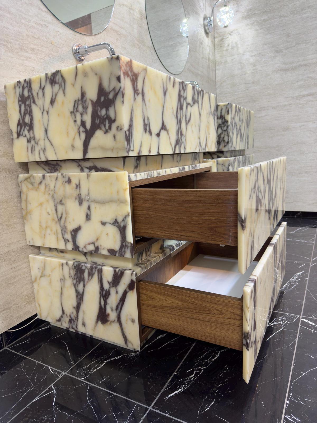 Custom Marble Vanity Sink with Drawers, Calacatta Arabescato Viola Stone
