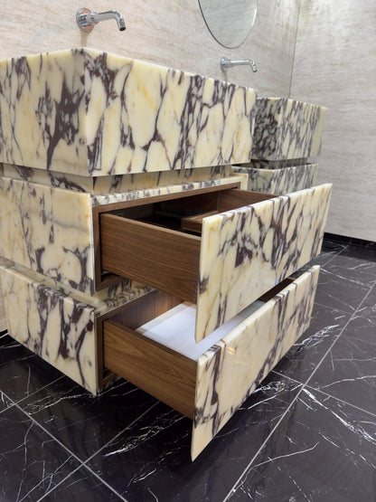 Custom Marble Vanity Sink with Drawers, Calacatta Arabescato Viola Stone