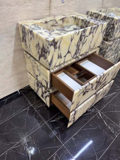 Custom Marble Vanity Sink with Drawers, Calacatta Arabescato Viola Stone