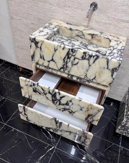 Custom Marble Vanity Sink with Drawers, Calacatta Arabescato Viola Stone
