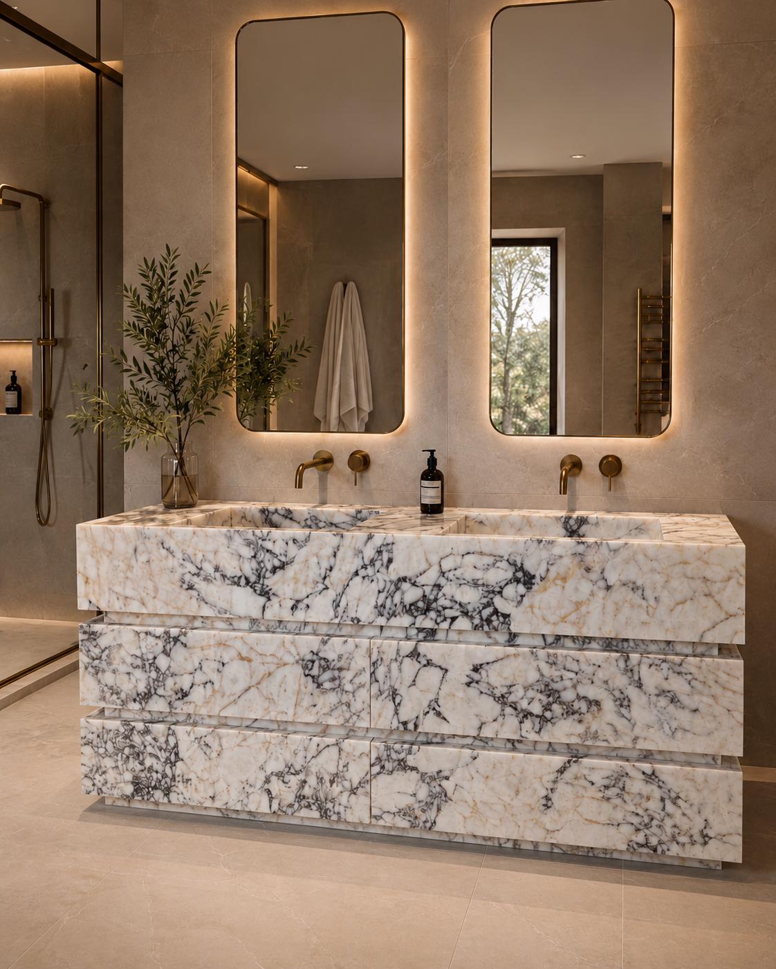 Long Marble Vanity with Double Sink | Calacatta Monet Bathroom Vanity