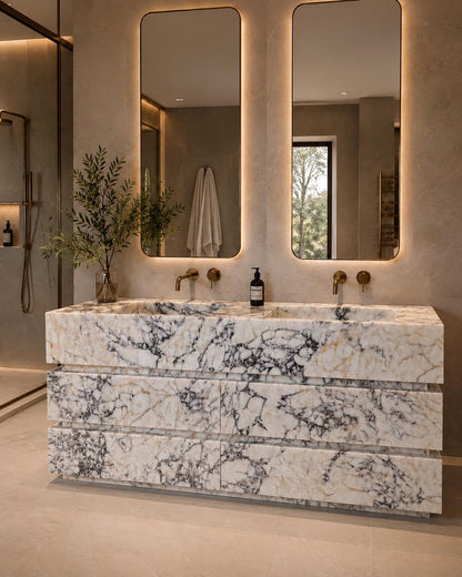 Long Marble Vanity with Double Sink | Calacatta Monet Bathroom Vanity