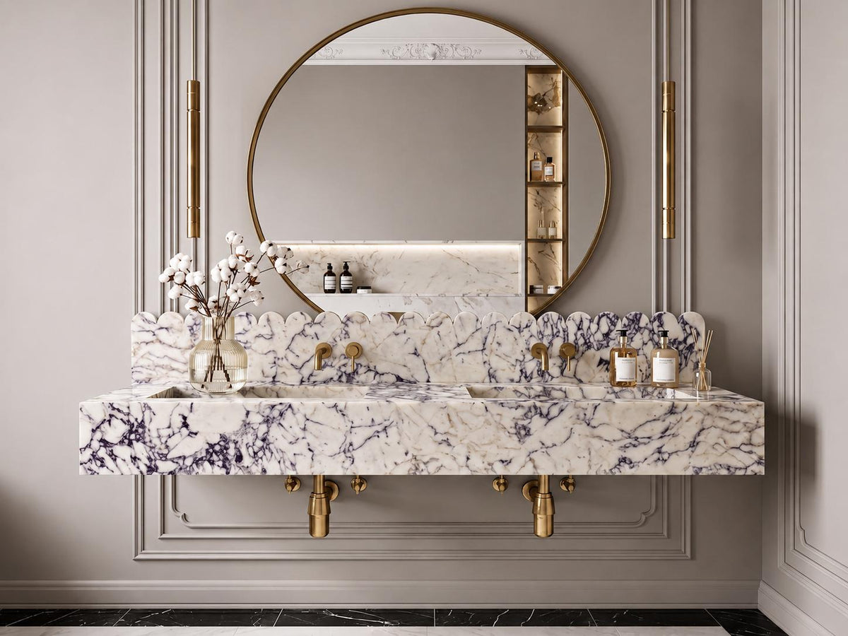 Custom Calacatta Viola Double Basin Vanity, Wall Mounted Sink with Scalloped Backsplash