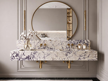 Custom Calacatta Viola Double Basin Vanity, Wall Mounted Sink with Scalloped Backsplash