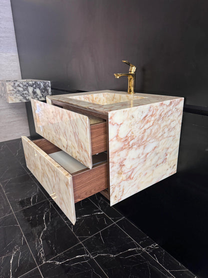Sugar Marble Vanity with Pink Veins, Single Sink and Soft Close Drawers