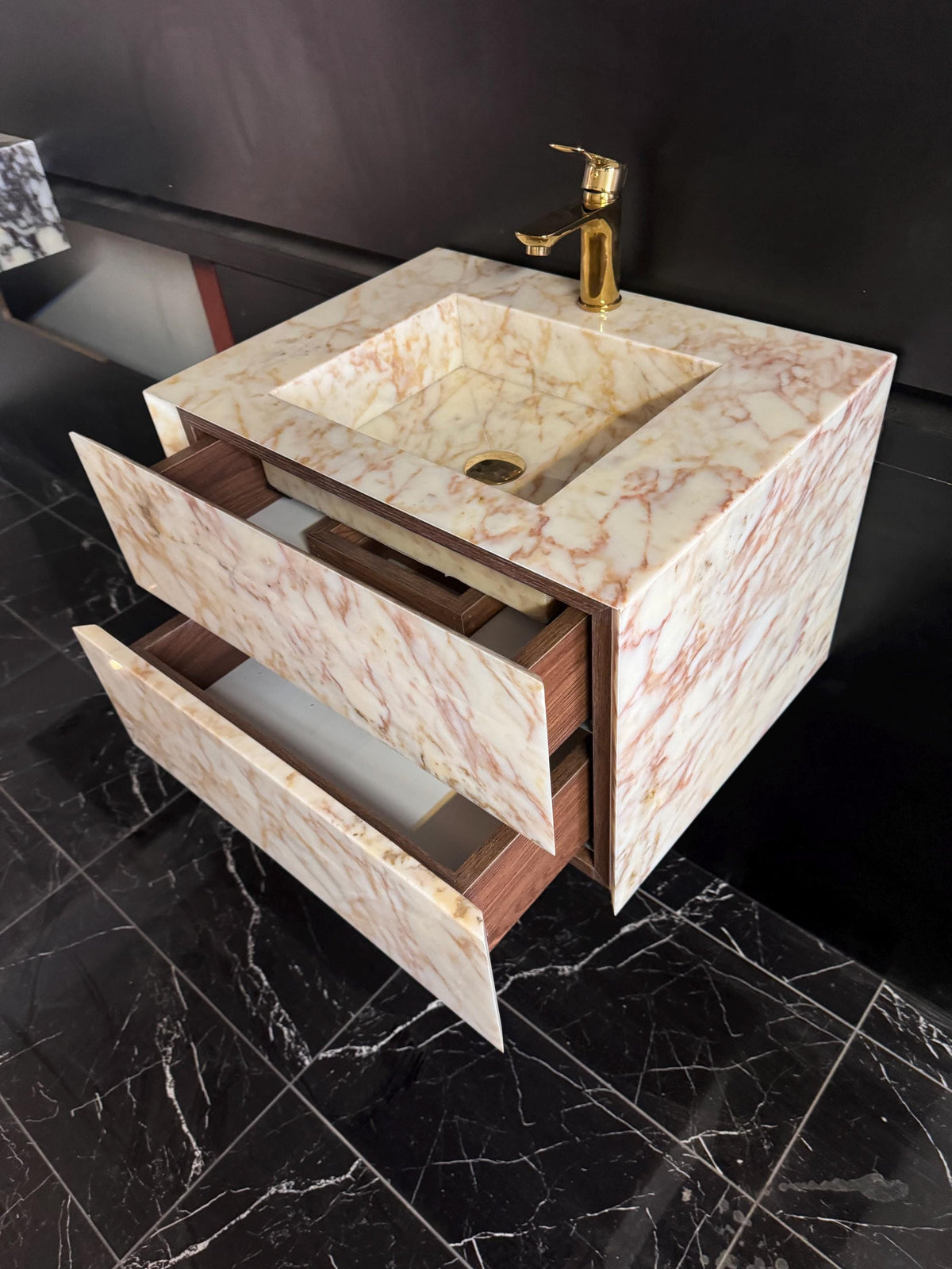 Sugar Marble Vanity with Pink Veins, Single Sink and Soft Close Drawers