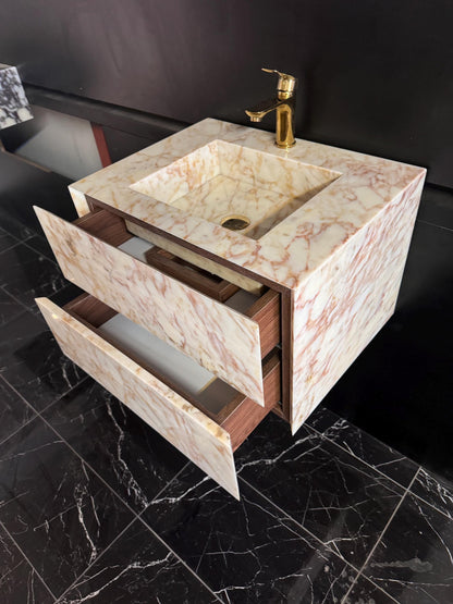 Sugar Marble Vanity with Pink Veins, Single Sink and Soft Close Drawers