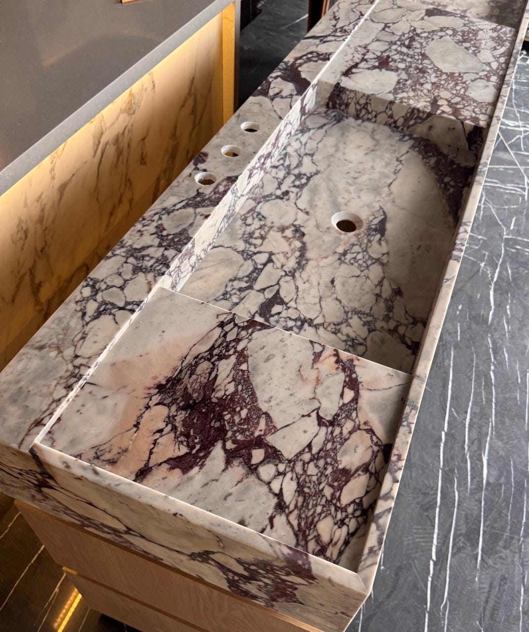 Calacatta Viola Marble Vanity, Double Sink Floating Bathroom Cabinet with Round Marble Knobs