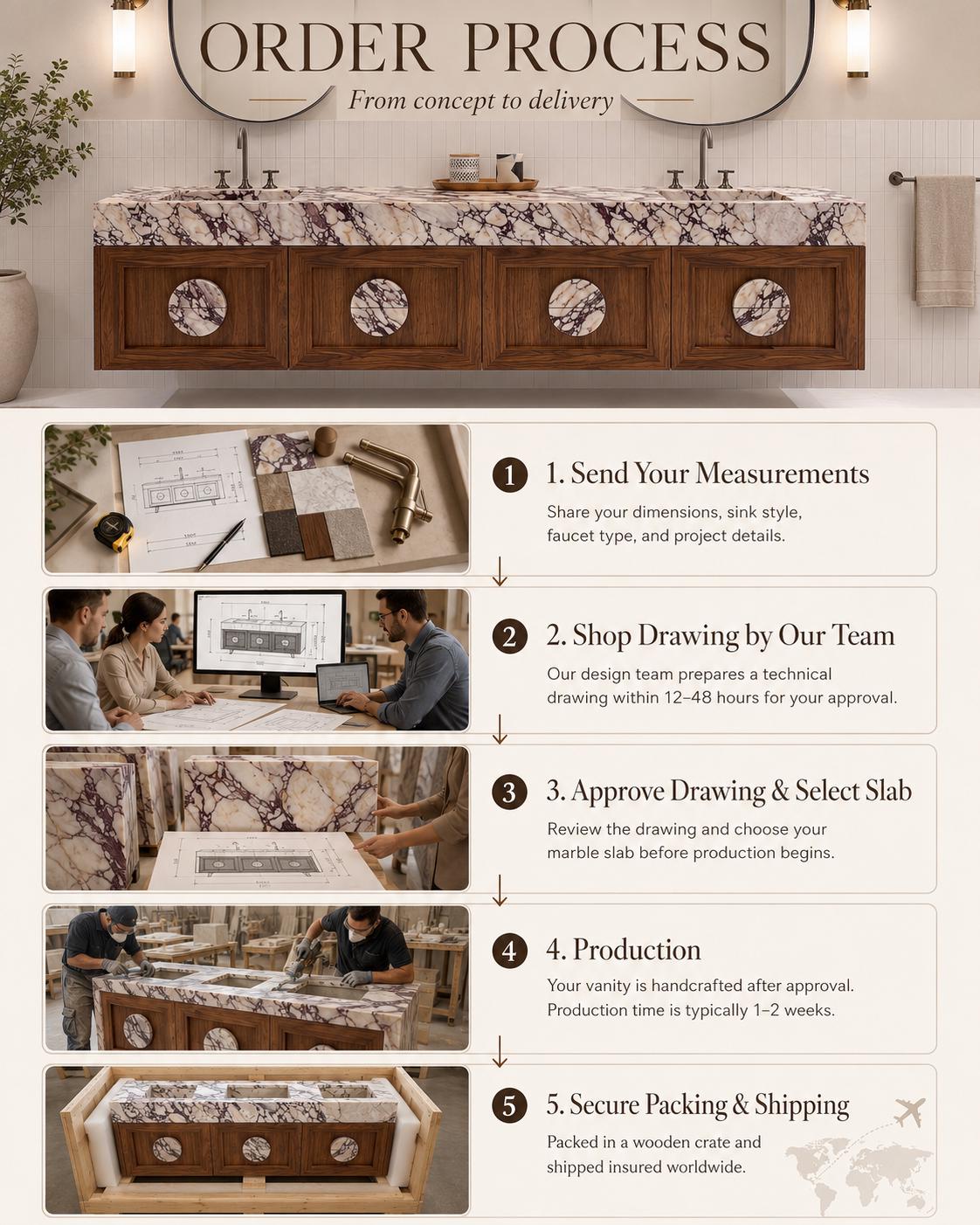 Calacatta Viola Marble Vanity, Double Sink Floating Bathroom Cabinet with Round Marble Knobs