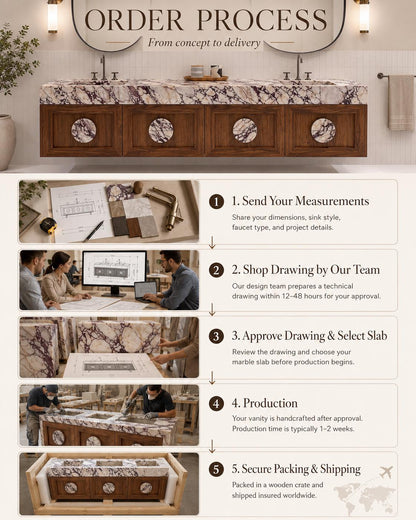 Calacatta Viola Marble Vanity, Double Sink Floating Bathroom Cabinet with Round Marble Knobs