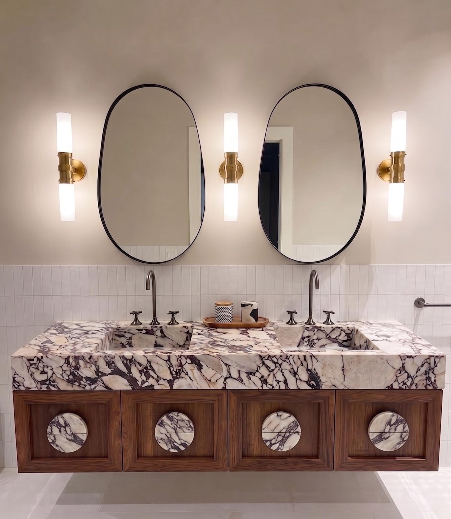 Calacatta Viola Marble Vanity, Double Sink Floating Bathroom Cabinet with Round Marble Knobs
