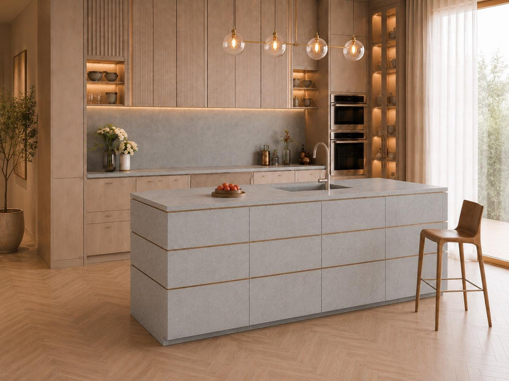 Concrete Look Gray Quartz Kitchen Island & Countertop | Honed Finish S ...