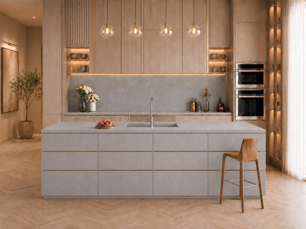 Limestone Qatar Concrete Look Gray Quartz Kitchen Island & Countertop | Honed Finish S ...