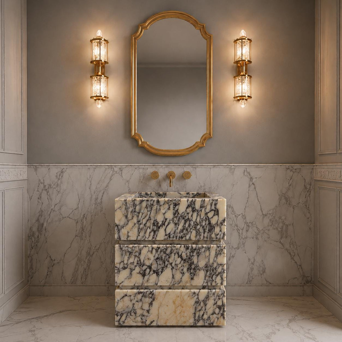 Calacatta Viola Marble Vanity Sink with Drawers, Custom Powder Room Console