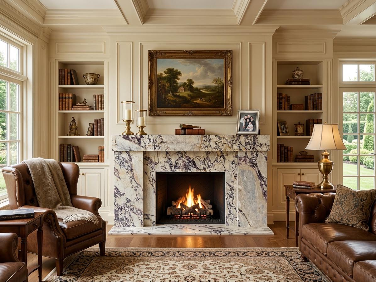 Calacatta Viola marble fireplace surround with hearth for formal living room – view 2