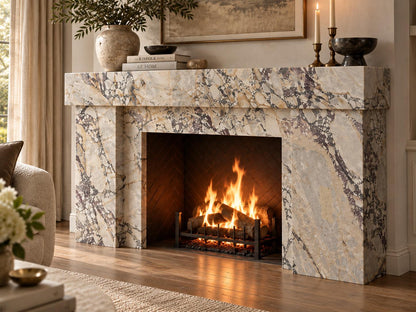 Calacatta Viola marble fireplace surround with hearth for formal living room