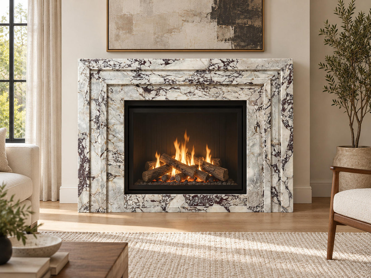 Calacatta Viola marble Art Deco stepped fireplace surround – view 2