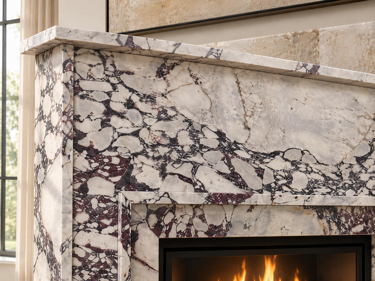 Calacatta Viola marble fireplace mantel with shelf and hearth – view 5