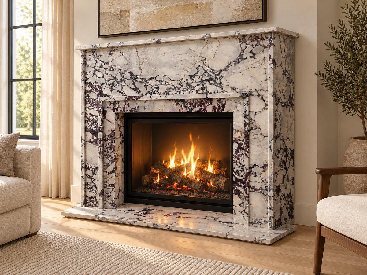 Calacatta Viola marble fireplace mantel with shelf and hearth