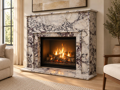 Calacatta Viola marble fireplace mantel with shelf and hearth
