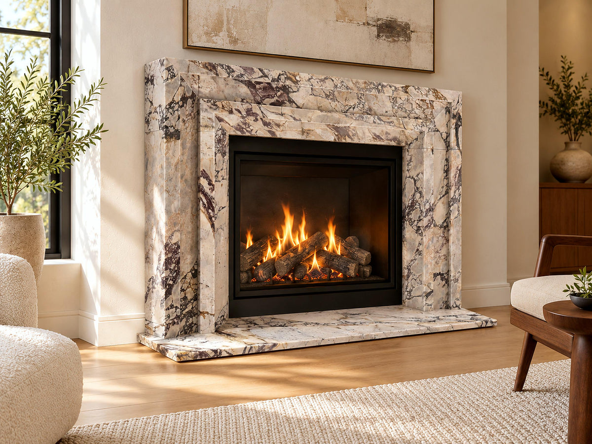 Art Deco Calacatta Viola marble fireplace surround with hearth – view 4