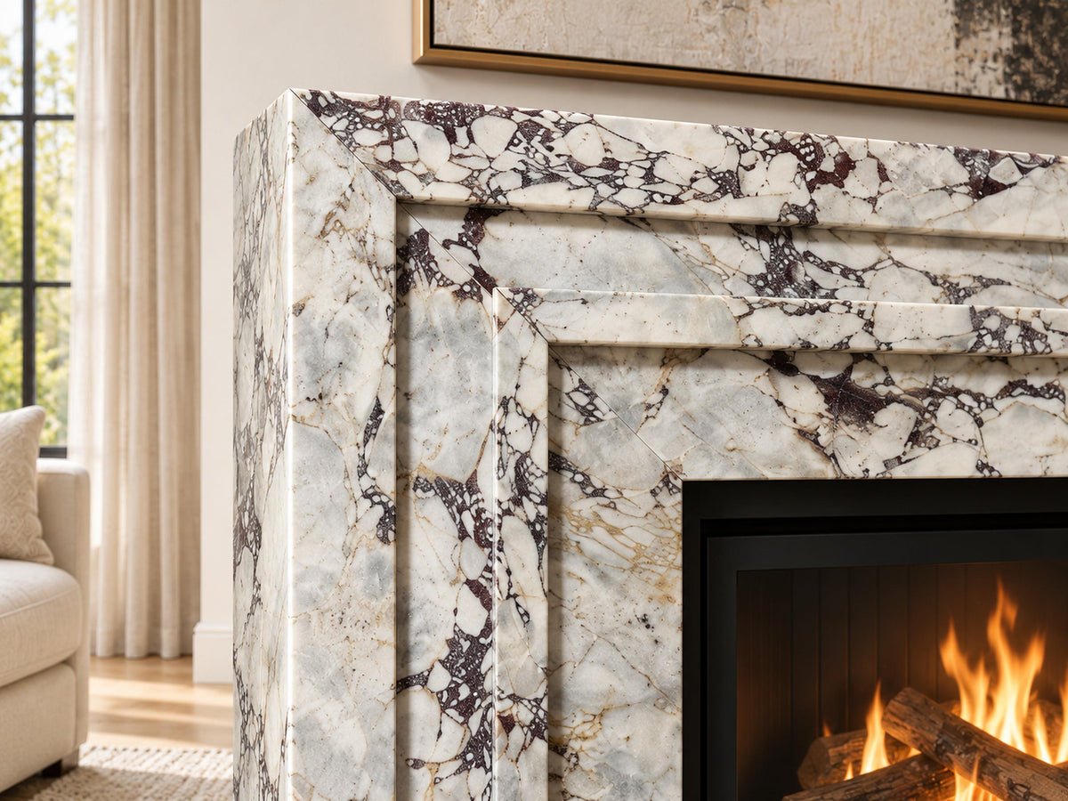 Calacatta Viola marble Art Deco stepped fireplace surround – view 5
