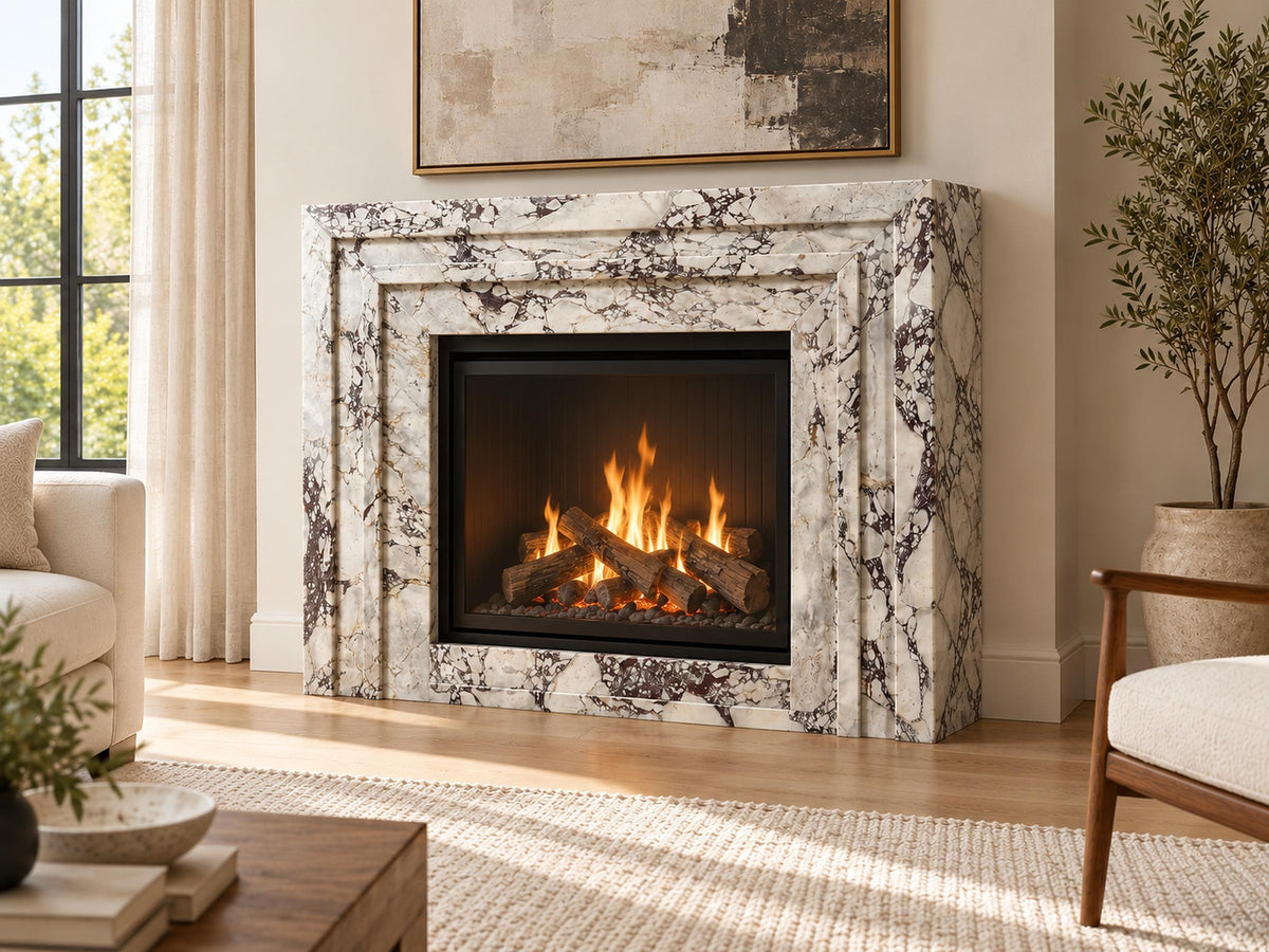 Calacatta Viola marble Art Deco stepped fireplace surround
