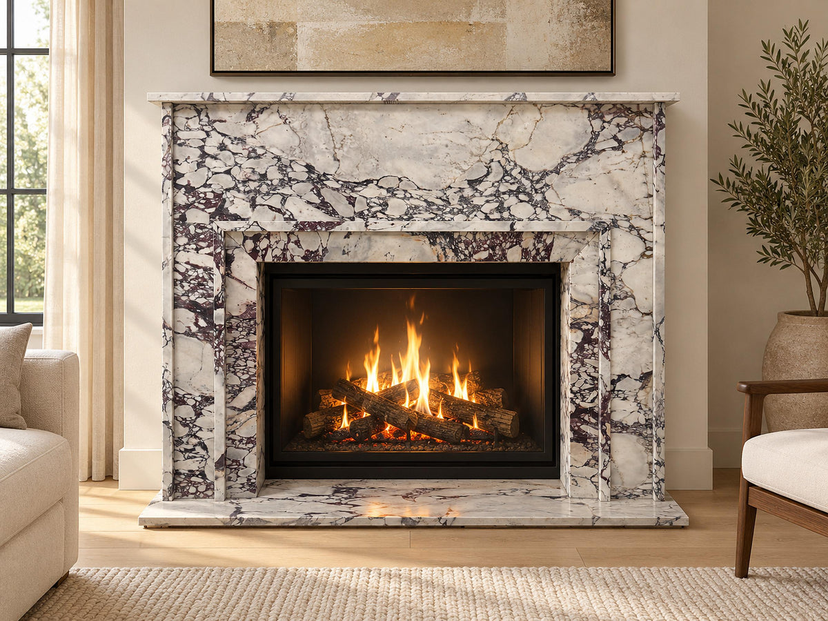 Calacatta Viola marble fireplace mantel with shelf and hearth – view 3