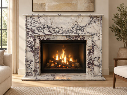 Calacatta Viola marble fireplace mantel with shelf and hearth – view 3