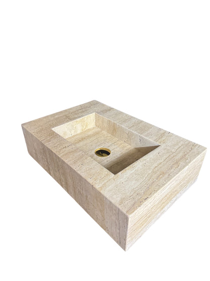 Custom Travertine Floating Vanity with Integrated Sink | Honed Beige Natural Stone