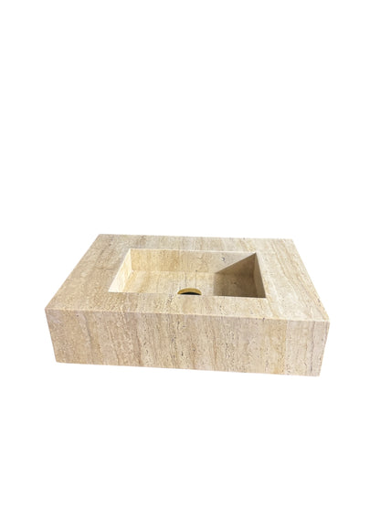 Custom Travertine Floating Vanity with Integrated Sink | Honed Beige Natural Stone