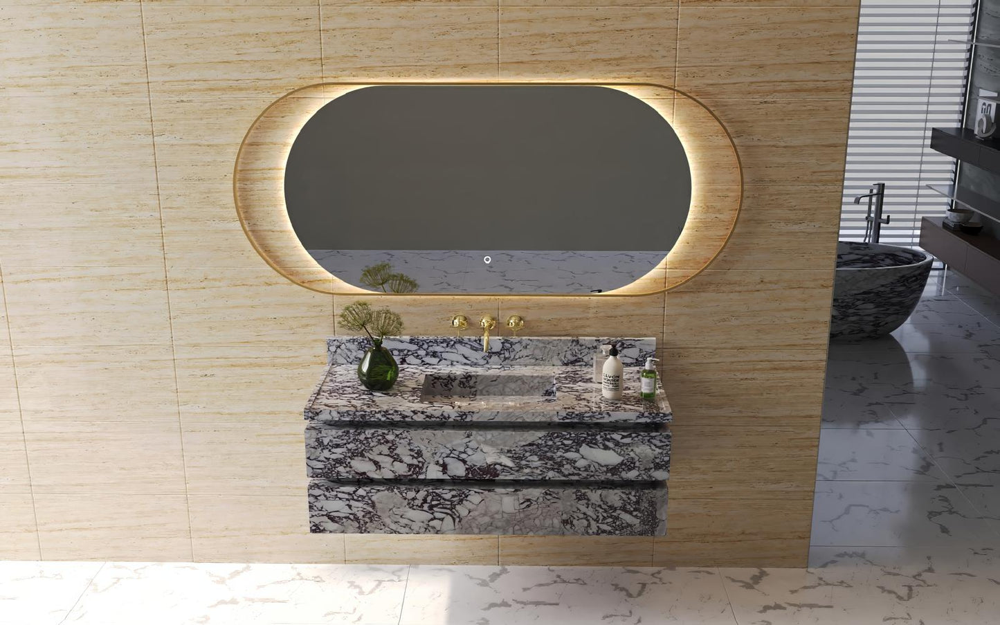Wall Mount Calacatta Viola Marble Vanity Unit with Marble Drawers and Integrated Sink
